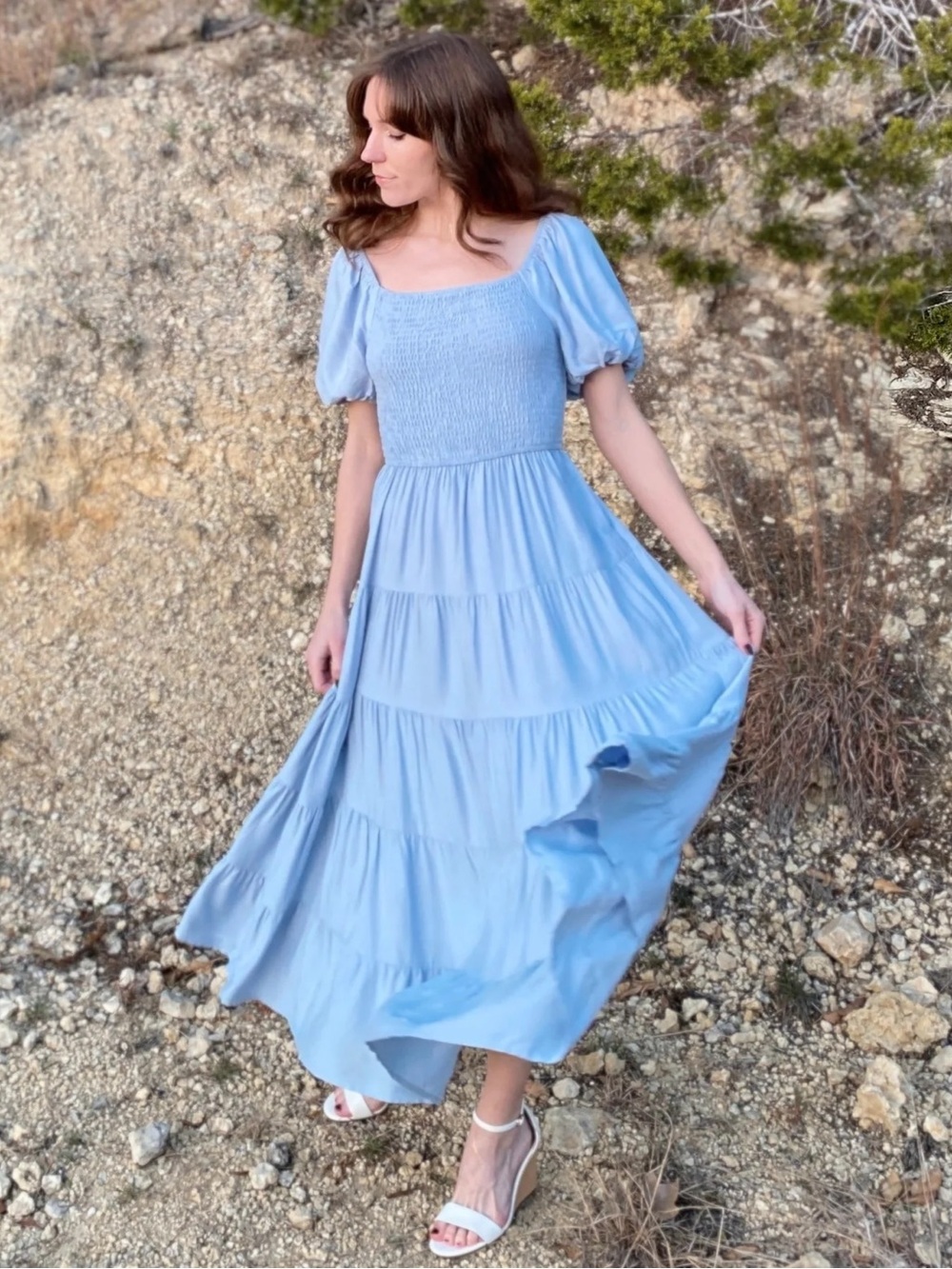 PRETTYGARDEN Blue Tiered Smocked Midi Dress Large Puff Sleeve Cottagecore - Picture 9 of 12